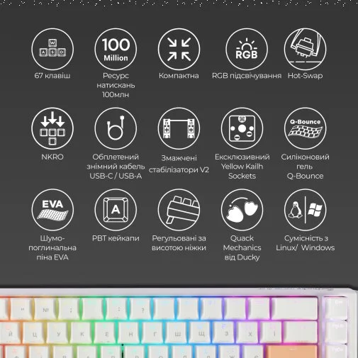 Фото: Клавіатура Ducky One 3 SF Cherry MX Red RGB ENG/UKR White (DKON2167ST-RUAPXPWWWSC1) № 20 | KTC
