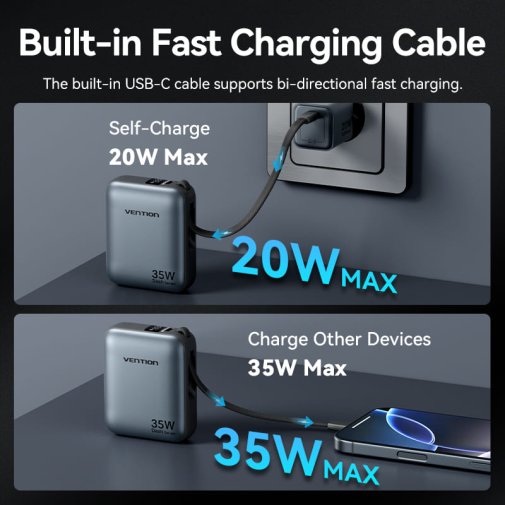 FHEH0 10000mAh 35W Gray with Built-in USB-C Cable