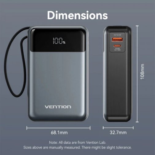  Батарея універсальна Vention 20000mAh 65W Black Built-in USB-C (FHYB0)