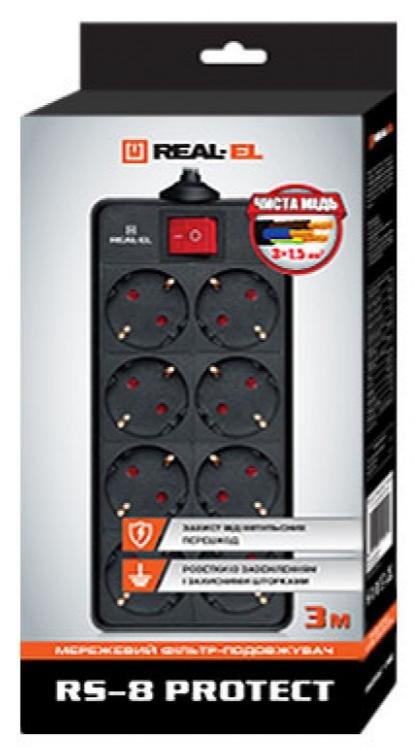 Мережевий фільтр Real-EL RS-8 Protect 8/3m Black (EL122300022)