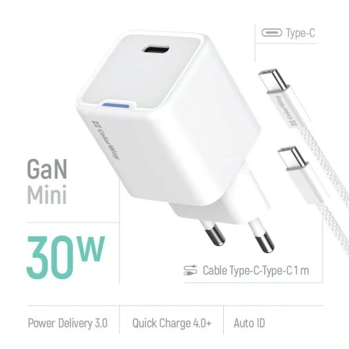 Фото: Зарядний пристрій ColorWay GaN Mini PD 30W White with Type-C / Type-C (CW-CHS054PDC-WT) № 21 | KTC