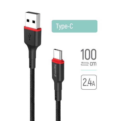 Кабель ColorWay 2.4A AM / Type-C 1m Black (CW-CBUC064-BK)