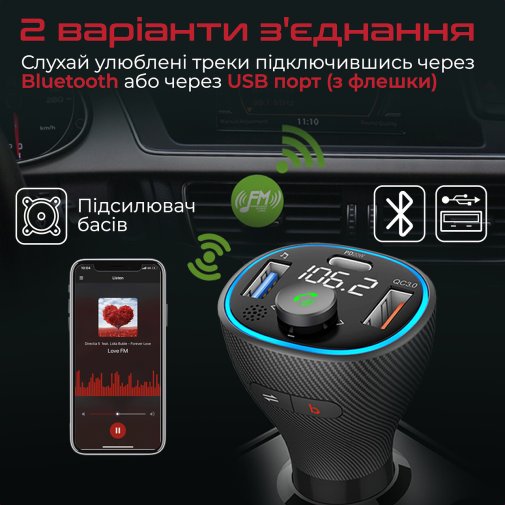 FM-трансмітер + АЗП Promate PowerTune-38W Black (6959144060217)