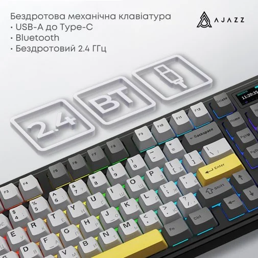 Фото: Клавіатура Ajazz AK980 V2 Maillard Switch WL/BT/USB Black/Grey/Yellow (AK980-V2-M-BGY) № 25 | KTC