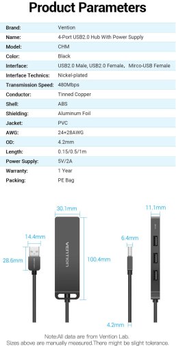 Хаб USB 2.0 4 Port Vention, 0.15m, Black