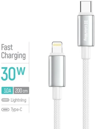 Фото: Кабель ColorWay zinc alloy braided 30W Type-C / Lightning 2m White (CW-CBPDCL099-WT) № 10 | KTC