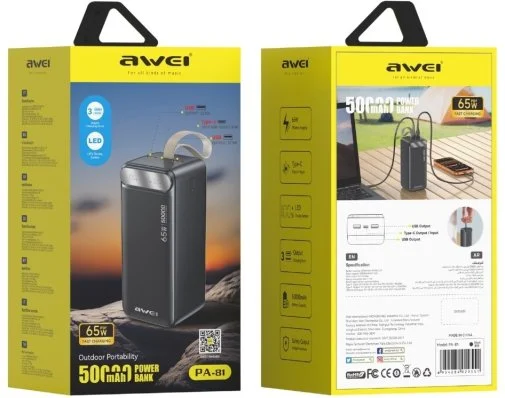 Фото: Батарея універсальна Awei 50000mAh PA-81 65W Black (6954284029551) № 5 | KTC