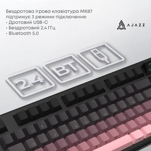 Фото: Клавіатура Ajazz MK87 Pitaya Switch WL/BT/USB Black/Pink (MK87-P-S-P) № 29 | KTC