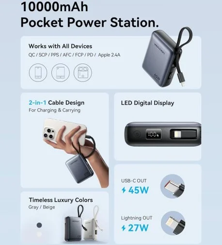 Фото: Батарея універсальна Vention FKMN0 10000mAh 45W Beige Built-in USB-C and Lightning № 10 | KTC