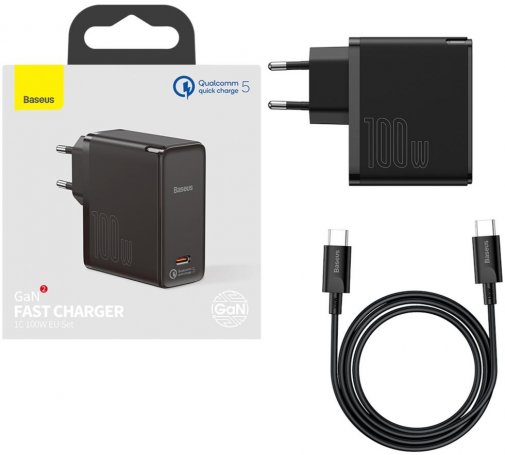 Зарядний пристрій Baseus GaN2 Fast Charger 1C 100W Black with Type-C 100W cable Black (TZCCGAN-L01)