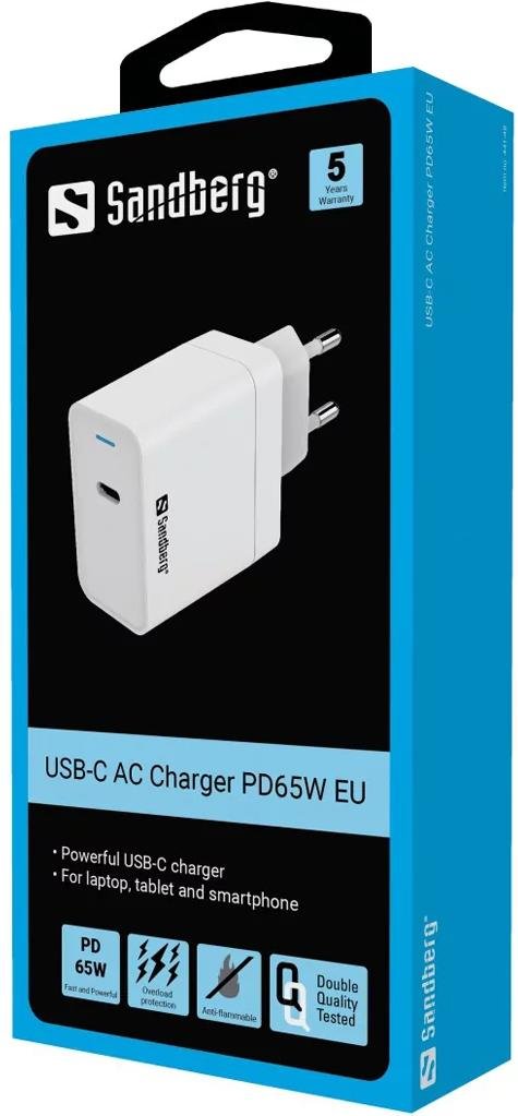  Зарядний пристрій Sandberg USB-C AC Charger PD65W White (441-48)