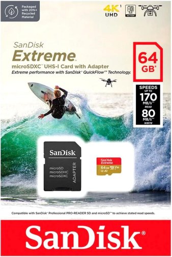 FLASH пам'ять SanDisk Action Cams and Drones Extreme V30 A2 Micro SDXC 64GB with adapter (SDSQXAH-064G-GN6AA)