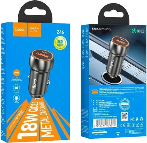 Фото: Автомобільний зарядний пристрій Hoco Z46 Blue Shield QC3.0 18W Metal Gray № 6 | KTC