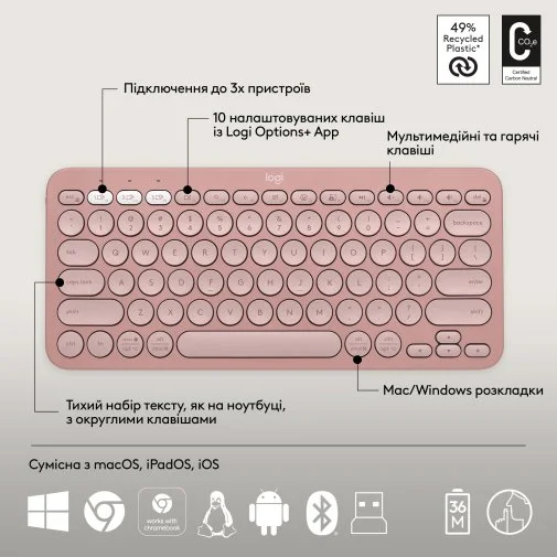 Фото: Комплект клавіатура+миша Logitech Pebble 2 Combo Tonal Rose (920-012241) № 28 | KTC