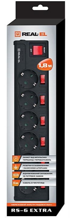 Мережевий фільтр Real-EL RS-6 Extra 6/1.8m Black (EL122300001)