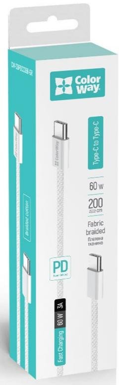 Кабель ColorWay PD 3A 60W Type-C / Type-C 2m Gray (CW-CBPDCC068-GR)