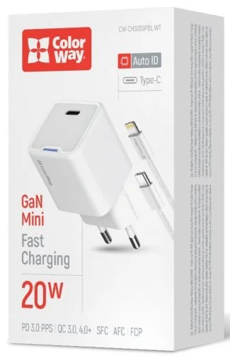 Фото: Зарядний пристрій ColorWay GaN Mini 20W White with Type-C/Lightning (CW-CHS059PDL-WT) № 20 | KTC