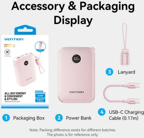 Фото: Батарея універсальна Vention FKBB0-C 20000mAh 22.5W with Built-in USB-C Cable Black № 31 | KTC