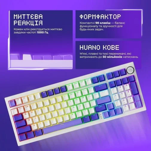 Фото: Клавіатура Proove Gaming Slicker Special Edition Huano Kobe WL/BT/USB White/Purple (WKSLSE022416) № 24 | KTC