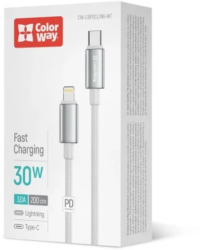 Фото: Кабель ColorWay zinc alloy braided 30W Type-C / Lightning 2m White (CW-CBPDCL099-WT) № 9 | KTC