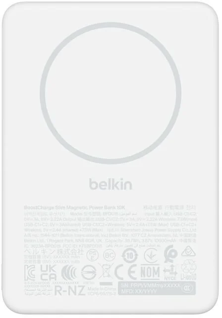 Батарея універсальна Belkin BoostCharge Slim Magnetic 10000mAh 20W Qi2 7.5W White (BPD015HQWH)