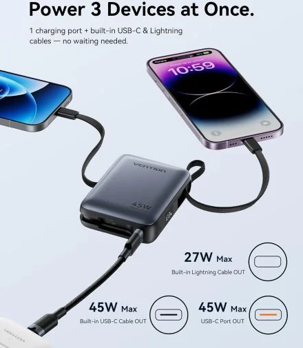 Фото: Батарея універсальна Vention FKMN0 10000mAh 45W Beige Built-in USB-C and Lightning № 11 | KTC