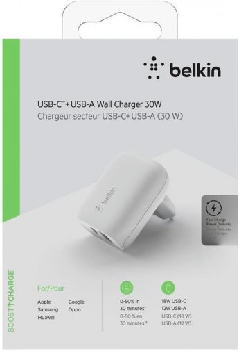 Зарядний пристрій Belkin BOOST CHARGE USB-C / USB-A Wall Charger 30W (F7U097VFWHT)