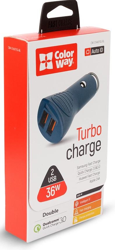  Зарядний пристрій ColorWay 2xUSB Quick Charge 3.0 36W Blue (CW-CHA011Q-BL)