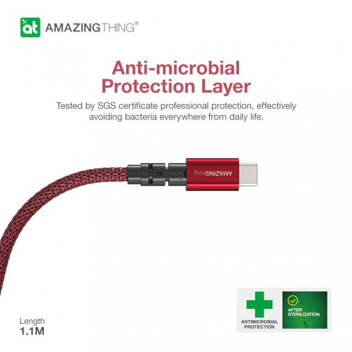 Кабель AMAZINGthing Antimicrobial Power Max Plus 3.2A AM / Type-C 1.1m Red (TCPSllMRD)