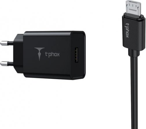 Зарядний пристрій T-PHOX Mini 1xUSB 12W 2.4A Black with Micro USB 1.2m Black (Mini(B)+Micro)