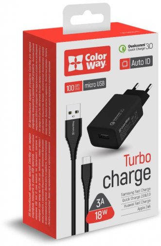 Зарядний пристрій ColorWay USB QC3.0 18W Black with MicroUSB cable (CW-CHS013QCM-BK)