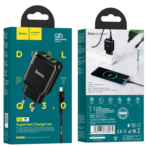 Зарядний пристрій Hoco N6 Charmer Black with microUSB cable