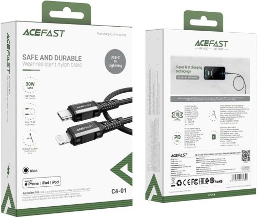 Кабель Acefast C4-01 30W Type-C / Lightning 1.8m Black (AFC4-01B)