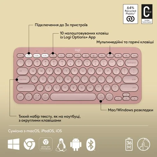 Фото: Клавіатура Logitech Pebble Keys 2 K380s Tonal Rose (920-011853) № 24 | KTC