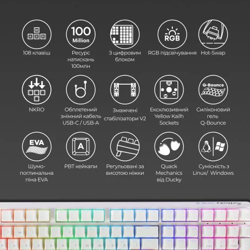 Фото: Клавіатура Ducky One 3 Cherry MX Brown RGB ENG/UKR White (DKON2108ST-BUAPXPWWWSC1) № 19 | KTC