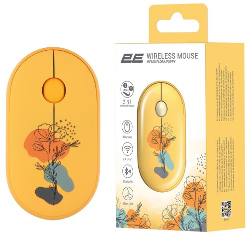 Миша 2E MF300 Flora Poppy Silent Wireless Yellow (2E-MF300WFLORAYW)