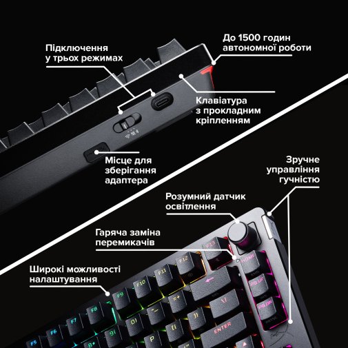 Клавіатура HyperX Alloy Rise 75 PBT HX Red ENG/UA Wireless/BT Black