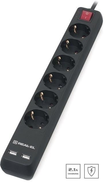 Мережевий фільтр Real-EL RS-6 Protect 2xUSB 6/3m Black (EL122300017)