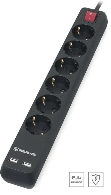 Фото: Мережевий фільтр Real-EL RS-6 Protect 2xUSB 6/5m Black (EL122300018) № 8 | KTC