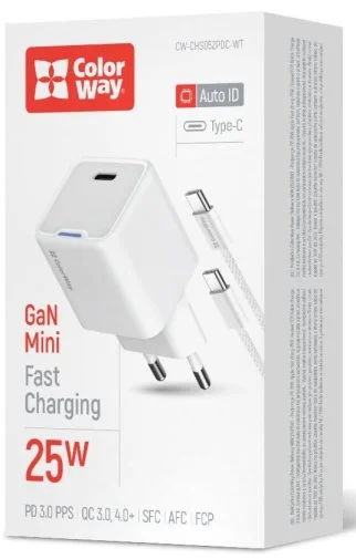 Фото: Зарядний пристрій ColorWay GaN Mini 25W White with Type-C/Type-C (CW-CHS052PDC-WT) № 20 | KTC