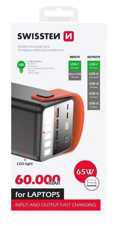 Фото: Батарея універсальна SWISSTEN POWER LINE BANK 60000mAh 65W Black (8595217481299) № 7 | KTC
