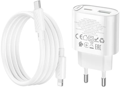 Фото: Зарядний пристрій Hoco C109A QC PD 20W White with Type-C/Lightning (6942007656726) № 16 | KTC