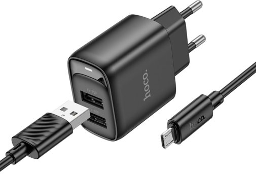 Зарядний пристрій Hoco C141A Black with AM/MicroUSB (6942007627887)