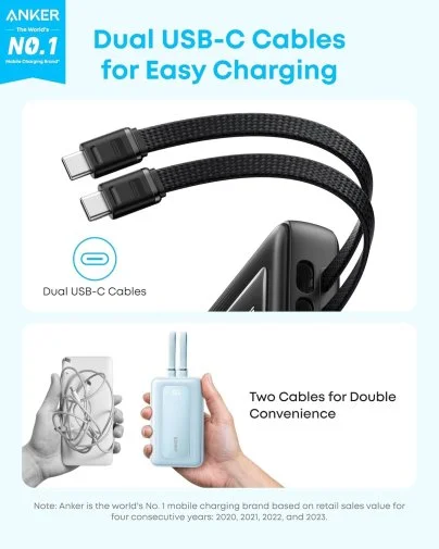 Фото: Батарея універсальна Anker 20000mAh 45W 2xBuilt-In USB-C Cable Black (A1681H12) № 6 | KTC
