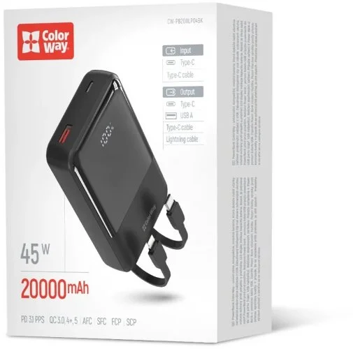 Фото: Батарея універсальна ColorWay DigiPower 20000mAh 45W Built-in Cable Type-C/Lightning (CW-PB200LP04BK) № 16 | KTC