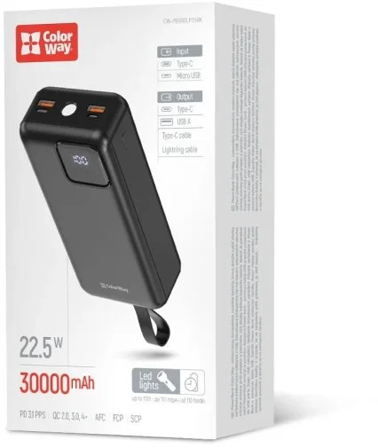 Фото: Батарея універсальна ColorWay EnergyHub 30000mAh 22.5W Built-in Cable Type-C/Lightning (CW-PB300LP05BK) № 18 | KTC