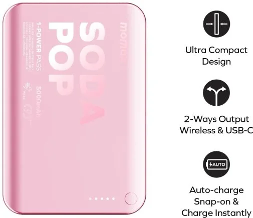 Фото: Батарея універсальна Momax 1-Power Pass 10000mAh 20W / Qi 15W Pink (IP166P) № 14 | KTC