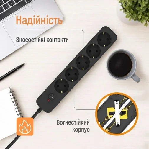 Фото: Мережевий фільтр ColorWay CW-PSEA1653BK 5/3m Black № 23 | KTC