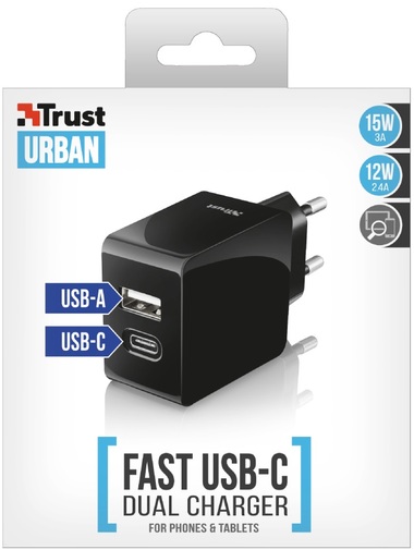 Зарядний пристрій Trust Fast Dual USB-C and USB Wall Charger Black (21589)