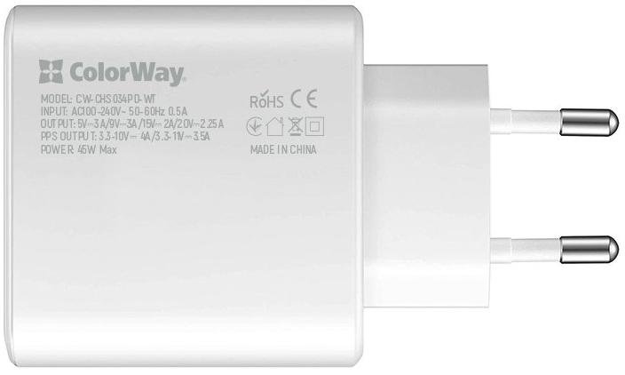 Зарядний пристрій ColorWay Power Delivery Port PPS Type-C 45W White (CW-CHS034PD-WT)